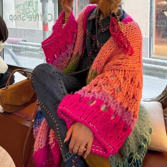 Pink Casual Women's Handknitted Boho Colorful Coat Bell Sleeve Crochet Kimono - Picture 4 of 6